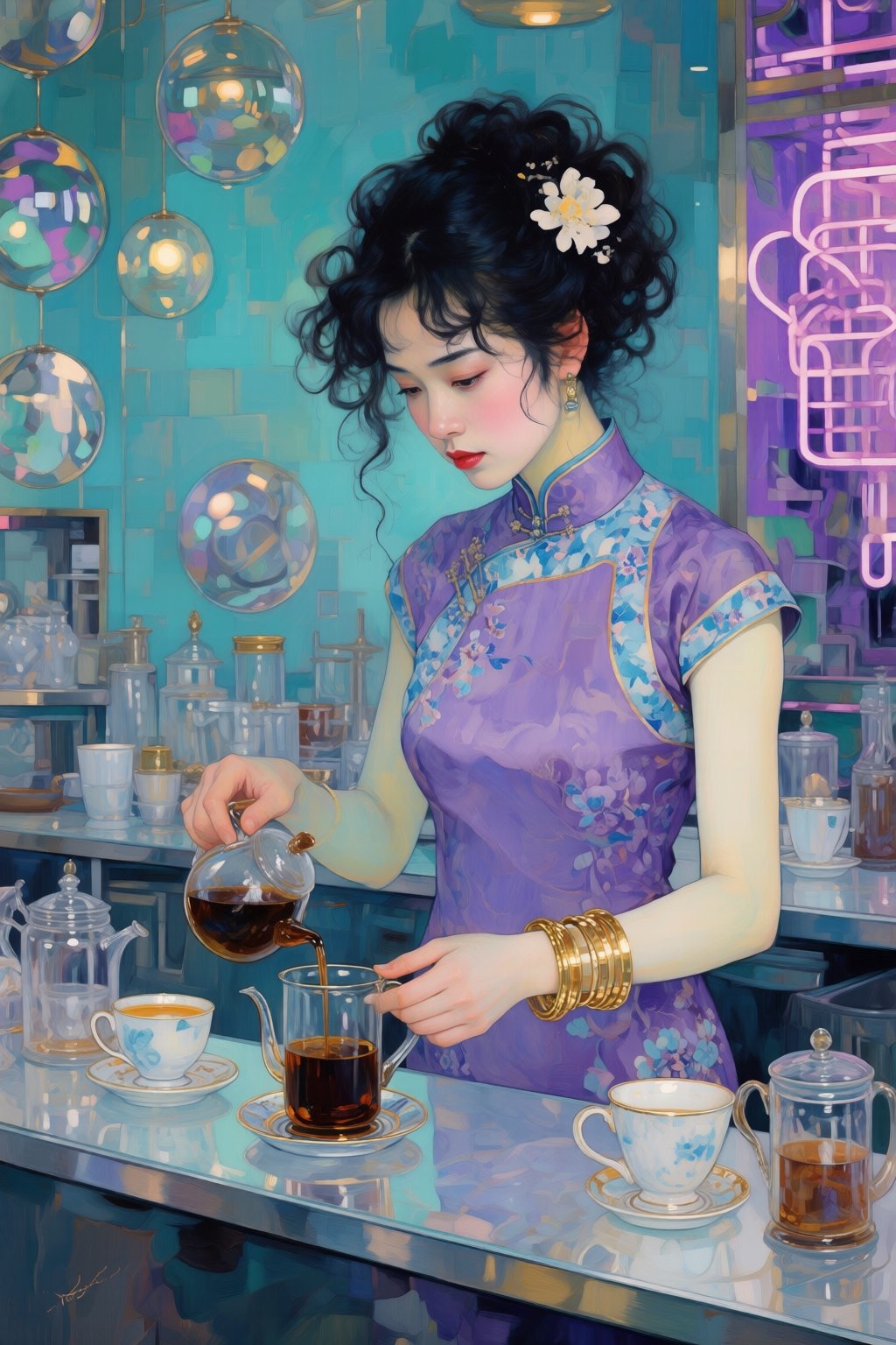 kaoruyamada2q painting. Young Asian woman with a messy,  voluminous black updo adorned with a small white flower is lookin...