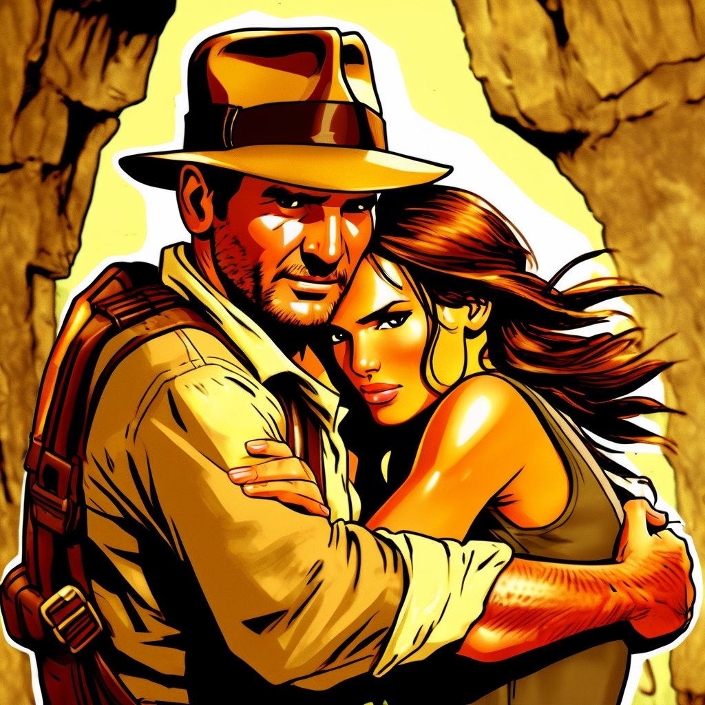 Indiana Jones hugging Lara Croft,  comic style by NobodyButMeow on Tensor.Art