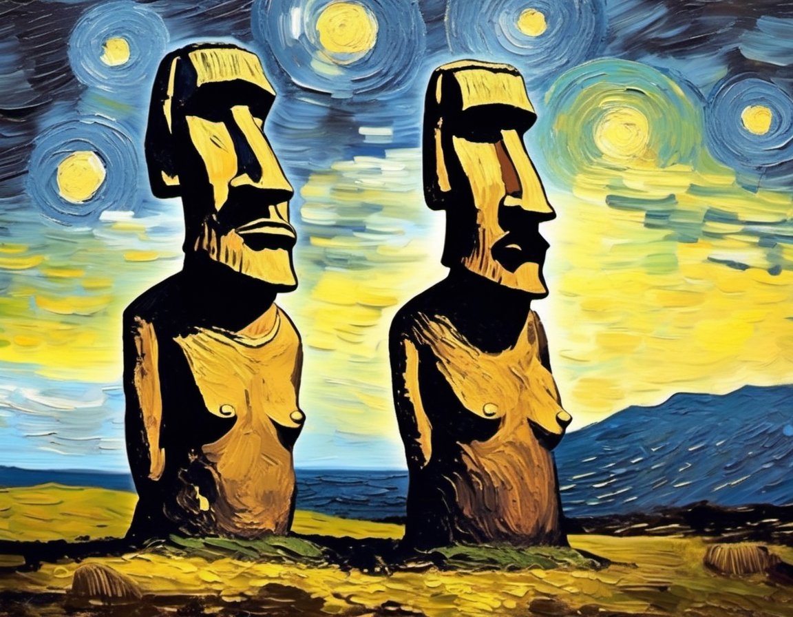 Oil painting Easter Island Statues Kissing, art by van Gogh, starry night backdrop heavy brush strokes,  v0ng44g,  p0rtr14t