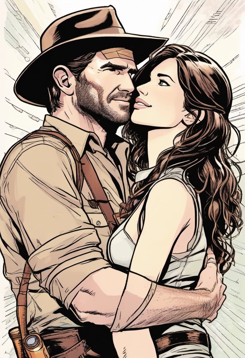 Indiana Jones hugging Lara Croft,  Comic book Illustration by NobodyButMeow on Tensor.Art
