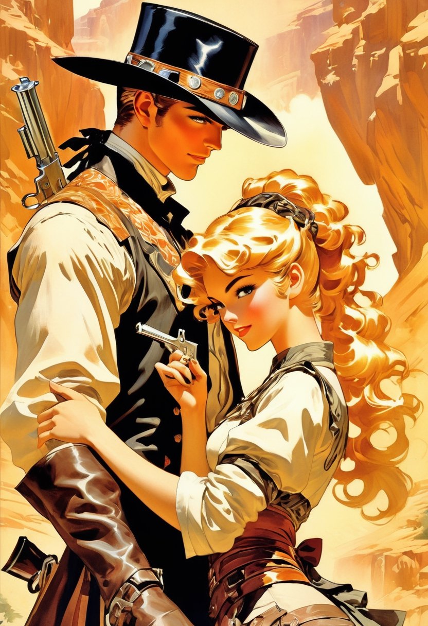Anime artwork. only Couple in the far west,  art by J.C. Leyendecker,  anime style by NobodyButMeow on Tensor.Art