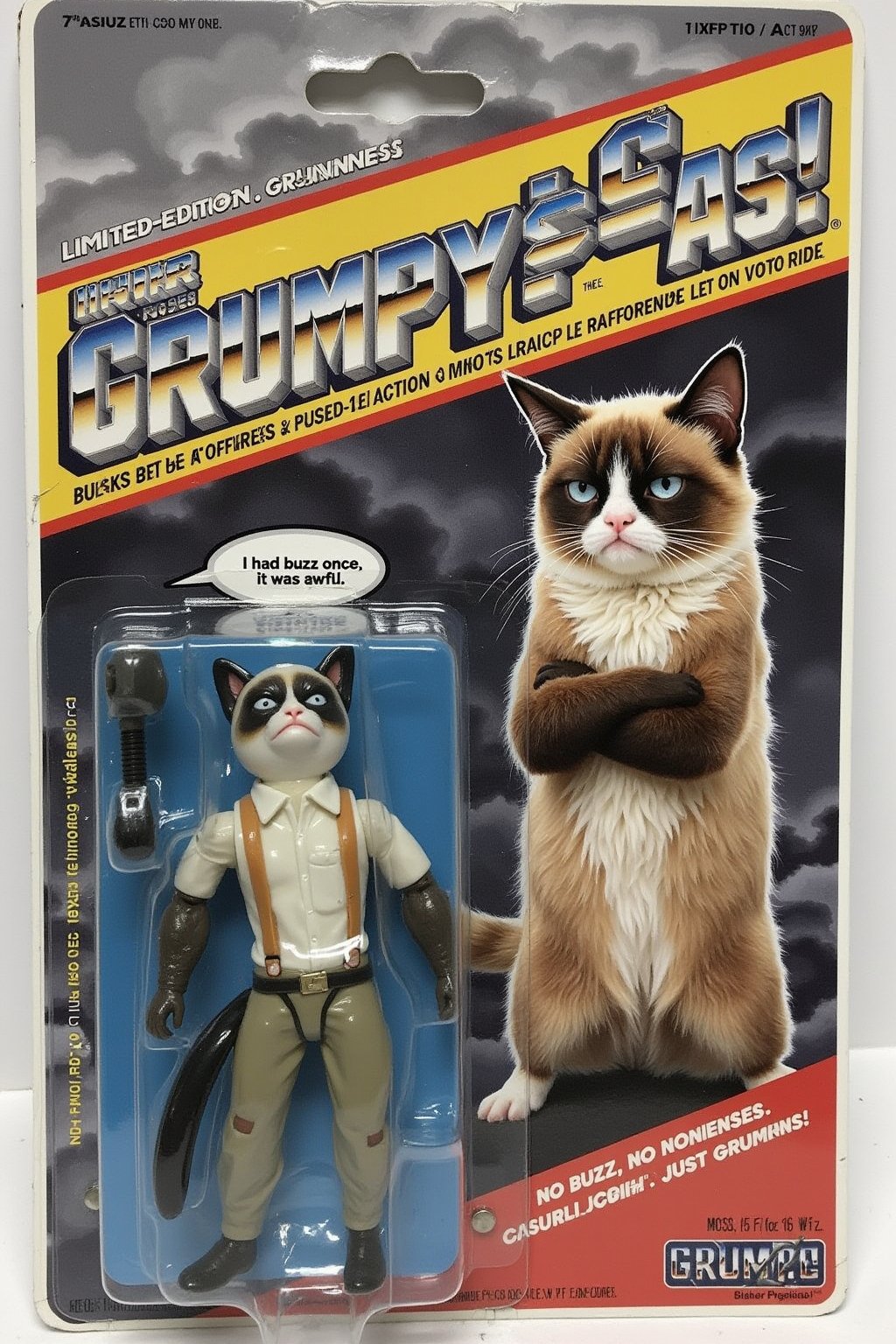 ral-afpacking. An unopened action figure package featuring Grumpy Cat in his signature grumpy pose, arms crossed, with a furrowed brow. The blister pack shows the text bubble next to him saying, "I had buzz once, it was awful." The background inside the packaging is a dim, gray cloud pattern, amplifying the grumpiness. The package design also features sarcastic remarks and highlights of "limited-edition grumpiness" along the sides, with the tagline at the bottom: "No buzz, no nonsense, just grump."