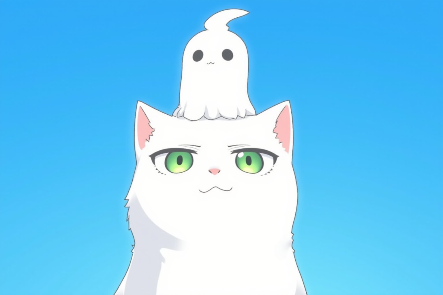 Anime illustration. A white cat with green eyes and a funny expression, with a white ghost standing on its head, on a blue background. This comic-style illustration is in the style of Herge and Hayao Miyazaki,