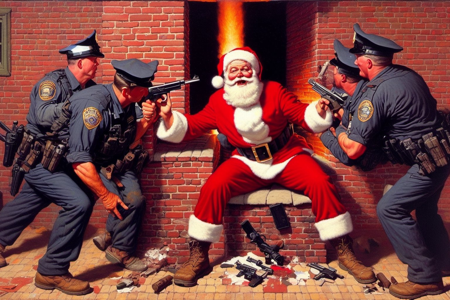 Painting of Santa,  both hands up in air in surrender,  standing beside a chimney with police SWAT team pointing their gun...
