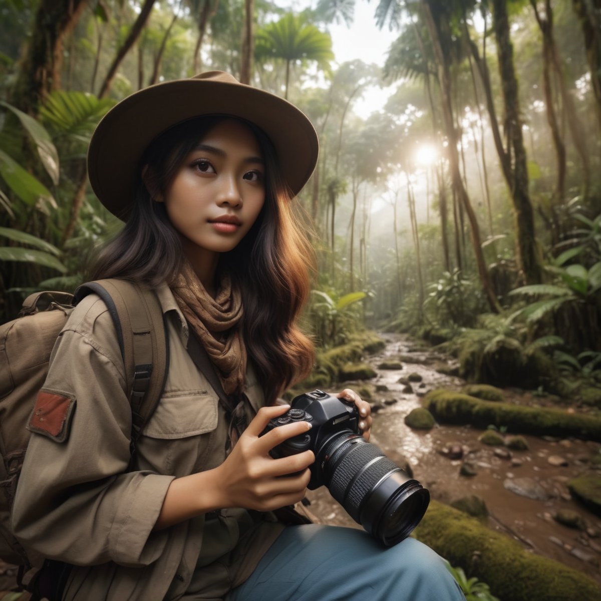 masterpiece), (best quality), (extremely detailed)), ((A beauty Indonesian girl) , solo, fish eye, medium shot, wearing Adventure Outfit, Holding Camera, in Jungle and Animal background , Masterpiece, cinematic movie scene, HD quality ugly fingers, 5 finger, UltraSharp. sepia effect color grading  ,aesthetic portrait,1 girl 