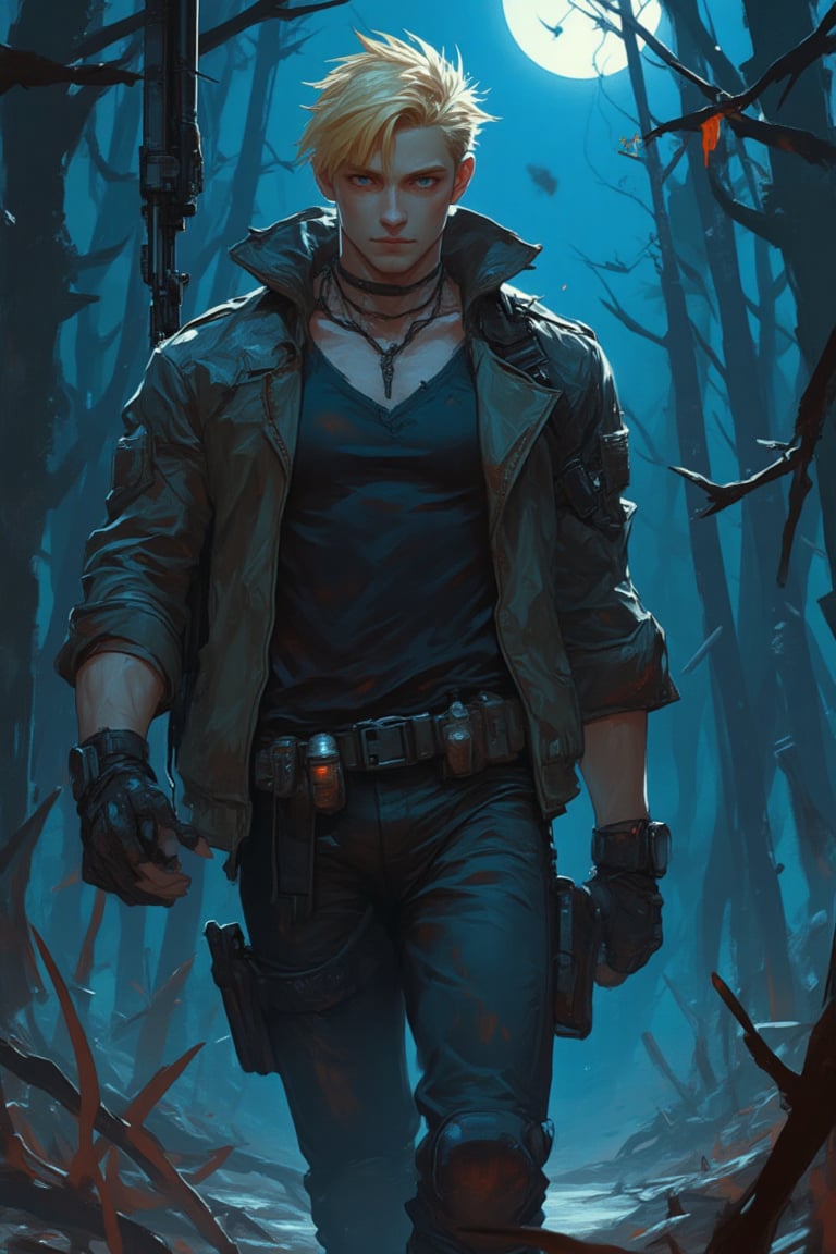 Anime illustration of a handsome young blonde man with striking blue eyes feminine face, and slender figure, dressed as a post-apocalyptic vampire hunter. He wears a rugged, weathered leather jacket layered over a dark, fitted shirt, complemented by tactical pants and sturdy boots. Armed with a shotgun in his hand and a utility belt filled with stakes and vials, he navigates through a shadowy wood at night. The moonlight filters through the trees, casting eerie shadows as he moves stealthily, embodying a blend of elegance and danger in this desolate landscape