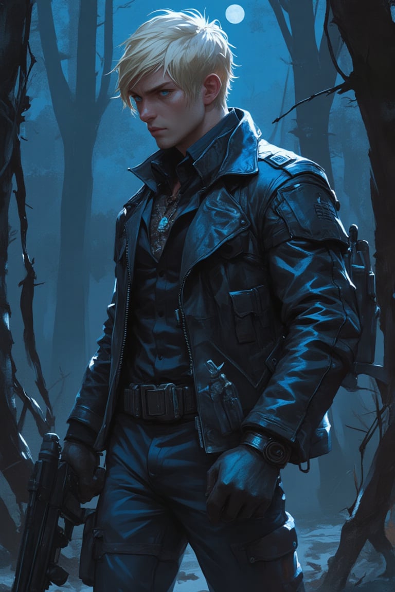 Anime illustration of a handsome young blonde man with striking blue eyes feminine face, and petite figure, dressed as a post-apocalyptic vampire hunter. He wears a rugged, weathered leather jacket layered over a dark, fitted shirt, complemented by tactical pants and sturdy boots. Armed with a shotgun in his hand and a utility belt filled with stakes and vials, he navigates through a shadowy wood at night. The moonlight filters through the trees, casting eerie shadows as he moves stealthily, embodying a blend of elegance and danger in this desolate landscape