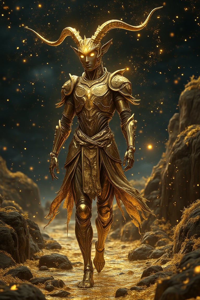 In the heart of a fantastical realm, an anthropomorphic genderless humanoid figure stands elegantly amidst a shimmering landscape bathed in the soft twilight glow. Its skin made of a radiant metallic gold, gleams like liquid sunlight, reflecting the surrounding colors in a mesmerizing dance of warm hues. Glowing eyes, akin to luminous orbs, emit a hypnotic light that draws in wandering souls, while stunningly beautiful facial features—high cheekbones, a perfectly sculpted nose, and full, inviting lips—convey both wisdom and allure.

Atop its head, an intricate crown looking like circle of horns rests gracefully, resembling delicate tendrils of golden flame, enhancing its majestic presence. The horns subtly glisten with tiny iridescent flecks that catch the light, giving the impression of a celestial being. Its slender, graceful body moves with an effortless fluidity, long legs flowing like liquid mercury beneath it, projecting an aura of effortless grace.

Wearing light armour that shimmer like starlit waters, the figure exudes a sense of enchanting poise, as if performing a timeless dance with the universe itself. Surrounding the figure, a cascade of ethereal light flickers softly, illuminating its path with a captivating, otherworldly glow. The air is thick with a sense of reverence, enveloping all onlookers in an enchanting atmosphere, as those who gaze upon this celestial being find themselves mesmerized, unable to turn away from the breathtaking allure radiating from this extraordinary presence.