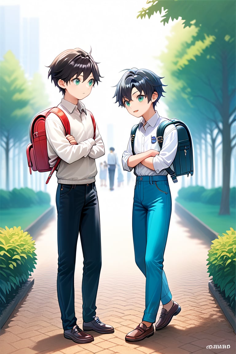 score_9, score_8_up, score_7_up, source_anime, highly detailed, full body, 1boy, little, black hair, short hair, teal eyes, school uniform, shirt, trousers, backpack, in a park, spring, sakura blossom