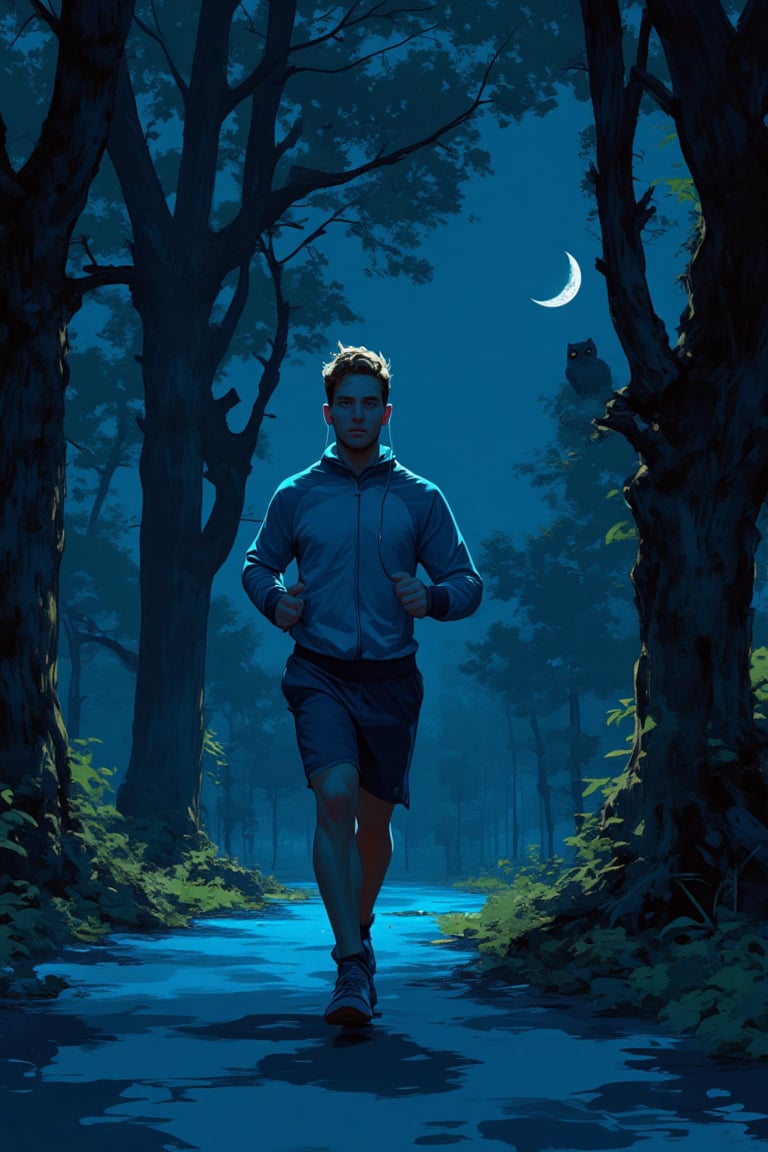 Under the cloak of night, the park transforms into a shadowy realm, illuminated only by the pale glow of a crescent moon. The young man, his dark blonde hair now a mere silhouette, jogs along the winding path, his blue track jacket and shorts blending into the darkness around him. The cool night air brushes against his skin, invigorating him as he moves with a steady rhythm, the sound of his footsteps muffled by the soft earth beneath.

His blue eyes, usually bright and alert, are narrowed against the darkness, but the music blaring through his earphones wraps him in a bubble of isolation, drowning out the nocturnal sounds of rustling leaves and distant owls. The path ahead is shrouded in shadows, the trees looming like sentinels, their branches swaying gently in the night breeze.

Yet, hidden among the thick underbrush and behind the gnarled trunks of ancient trees, a menacing figure watches with predatory intent. Cloaked in darkness, the figure’s features are obscured, but a glint of malice flickers in their eyes as they track the young man's every move. The stillness of the night heightens the tension, the young man blissfully unaware of the danger lurking just out of sight, the peaceful ambiance of the park now tinged with an unsettling undercurrent of threat.