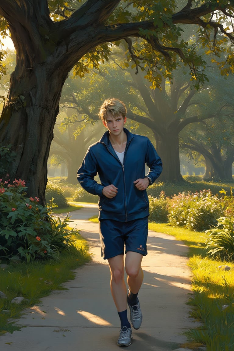 In a serene park bathed in the golden light of early morning, a young man jogs along a winding path. His dark blonde hair bounces lightly with each stride, catching the sun's rays, while his striking blue eyes scan the tranquil surroundings. He wears a fitted blue track jacket that clings to his athletic frame, paired with matching shorts that allow for easy movement. The rhythmic sound of his footsteps blends with the upbeat music pulsing through his earphones, creating a sense of blissful isolation in his world.

As he glides past vibrant patches of wildflowers and towering oak trees, the gentle rustle of leaves fills the air. However, unbeknownst to him, a shadow lurks just beyond the reach of the sunlight. From behind a thick cluster of bushes and the gnarled trunk of a large tree, a menacing figure watches intently. Cloaked in dark clothing that blends seamlessly with the shadows, the figure's eyes glint with a sinister intent. The tension in the air thickens, contrasting sharply with the young man's carefree jog, as the figure remains motionless, plotting and waiting, a stark reminder of the darkness that can hide in the most peaceful of places.