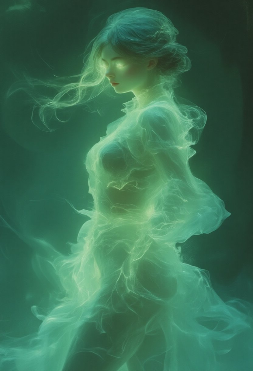 In a serene and ethereal setting, a beautiful transparent female figure materializes, her body is made entirely of condensed smoke that swirls and dances gracefully in the air. Her form is both alluring and enigmatic, with a body that shimmers with a translucent quality, radiating a soft, greenish glow that bathes the surroundings in a gentle light. The glow seems to pulse with life, creating an atmosphere that feels fresh and healing.

Her eyes, bright and luminous, shine with an otherworldly intensity, drawing attention and evoking a sense of calm and wonder. They seem to hold the wisdom of the ages, reflecting a deep connection to nature and the energies of the universe. The figure’s transparent clothes, crafted from the same smoky essence, float around her as if caught in a gentle breeze, billowing and shifting gracefully, enhancing her ethereal presence.

The air around her is imbued with a sense of tranquility, as if the very essence of the environment is alive with healing energies. Soft wisps of smoke curl and drift around her, creating a mesmerizing dance that invites onlookers to step closer and bask in her calming aura. The entire scene feels like a dream, a moment suspended in time where beauty and serenity converge in a harmonious embrace.