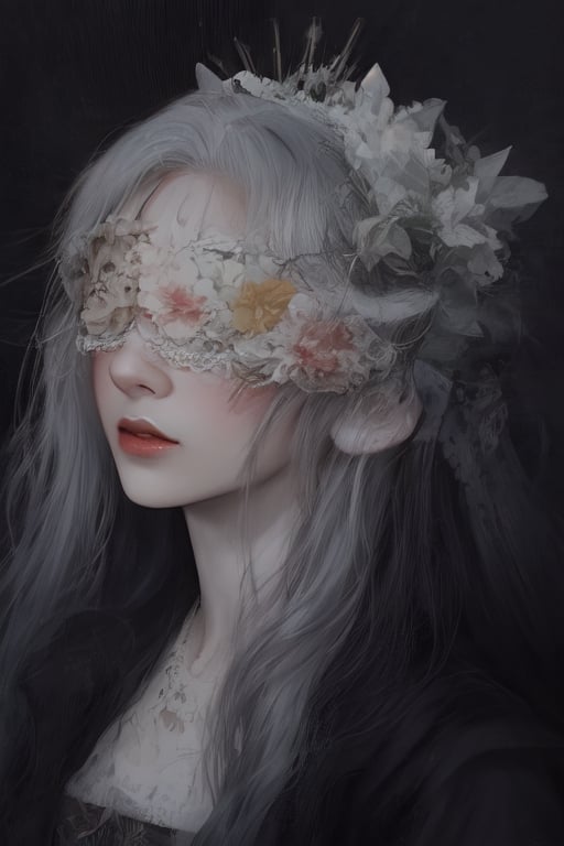 A woman wearing blind mas, faceless, long platinum blue hair, flowers adorning her around, adorned by a crown of flowers on her head, victorian style portrait, wreath on her head, porcelain face breaking, dark background, realistic illustration, Flower Blindfold