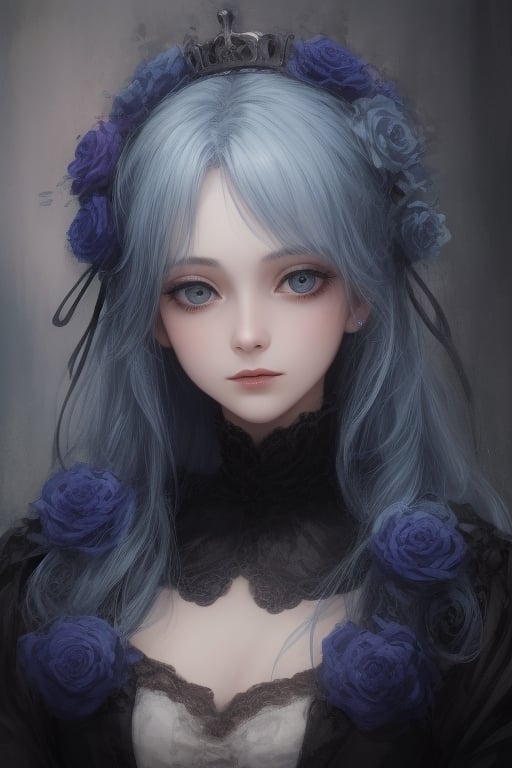 Woman,horror(theme),faceless_character, long platinum blue hair, flowers adorning her around, adorned by a crown of flowers on her head, victorian style portrait