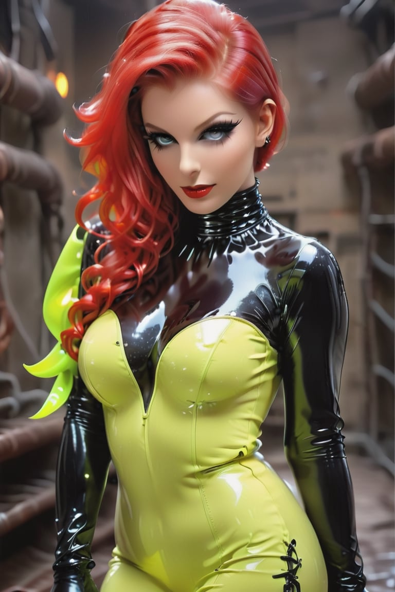 a 1woman dressed in a yellow Transparent  and black latex dress, long black latex gloves,,dungeon, [[[ Glow eyes ]]], high definition, more detail XL, high mackeup,GLASS,full face latex mask,red hair,huge breasts,small waist,strap-on dildo,aw0k euphoricred style