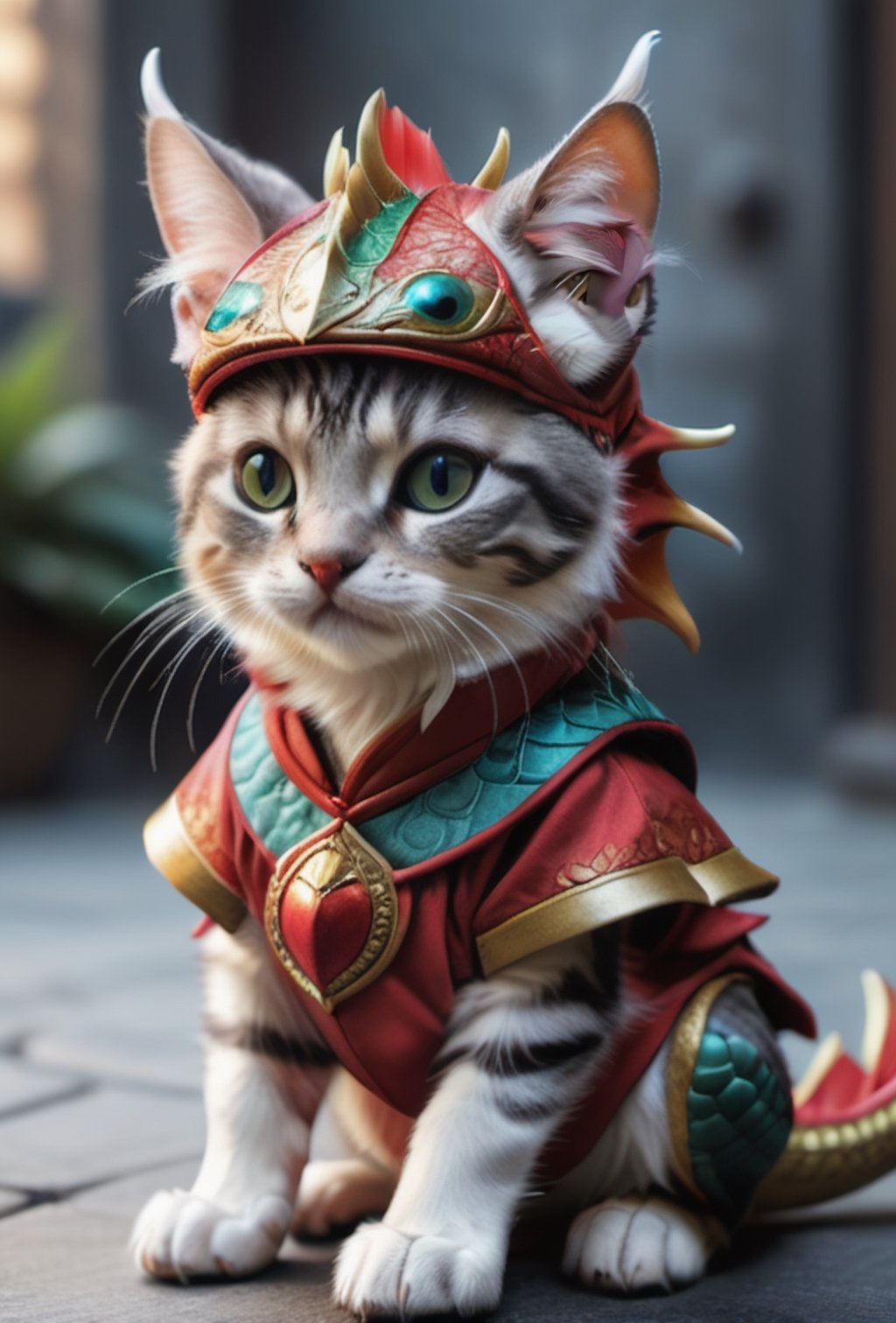 Beautiful cat drawings, beautiful cat portraits, drawings of kittens wearing dragon costumes, dragon costumes, wearing dragon head-shaped caps, beautiful kittens wearing dragon ,dragon_real,realcat,cute dragon,Colourful cat 