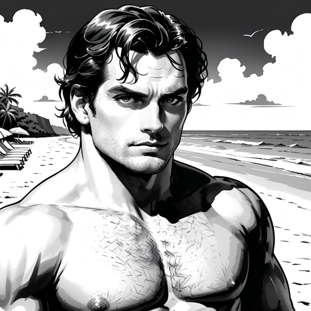 , (((ink drawing))), (((monochrome))),(((cartoon style))), high quality, 4k,masterpiece, (((in the style of alex raymond drawing ))),(((drawing comics style))),
(((high contrast))), (((line drawing))),one man on a beach, the man look like henry cavill,