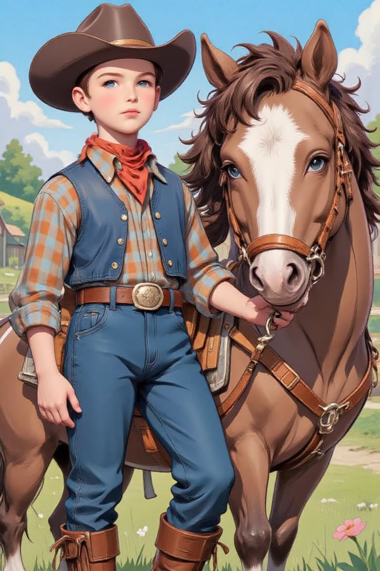 cute 10 year old boy,  the boy is dressed as a cowboy,  the boy is standing next toa pony by FantasiMen on Tensor.Art