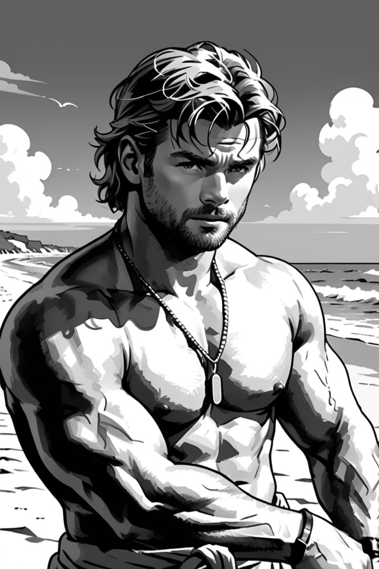 , (((ink drawing))), (((monochrome))),(((cartoon style))), high quality, 4k,masterpiece, (((in the style of alex raymond drawing ))),(((drawing comics style))),
(((high contrast))), (((line drawing))),one man on a beach, the man look like chris hemsworth,