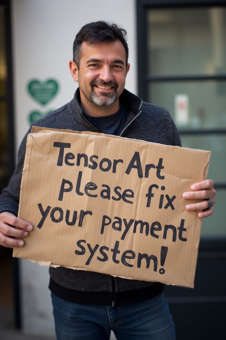 man holding a sign that say "Tensor Art, please fix your payment system !"