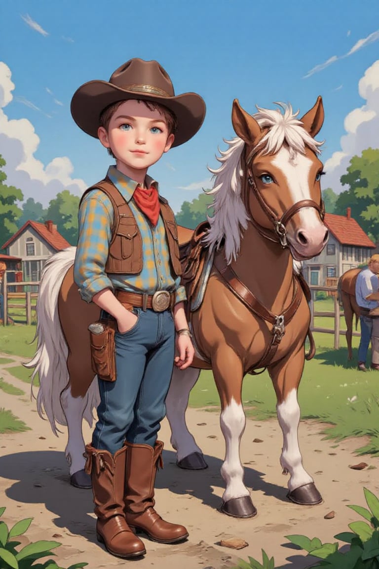 cute 10 year old boy,  the boy is dressed as a cowboy,  the boy is standing next toa pony by FantasiMen on Tensor.Art