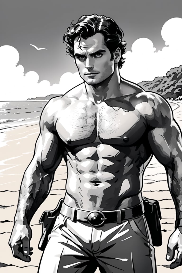 , (((ink drawing))), (((monochrome))),(((cartoon style))), high quality, 4k,masterpiece, (((in the style of alex raymond drawing ))),(((drawing comics style))),
(((high contrast))), (((line drawing))),one man on a beach, the man look like henry cavill,