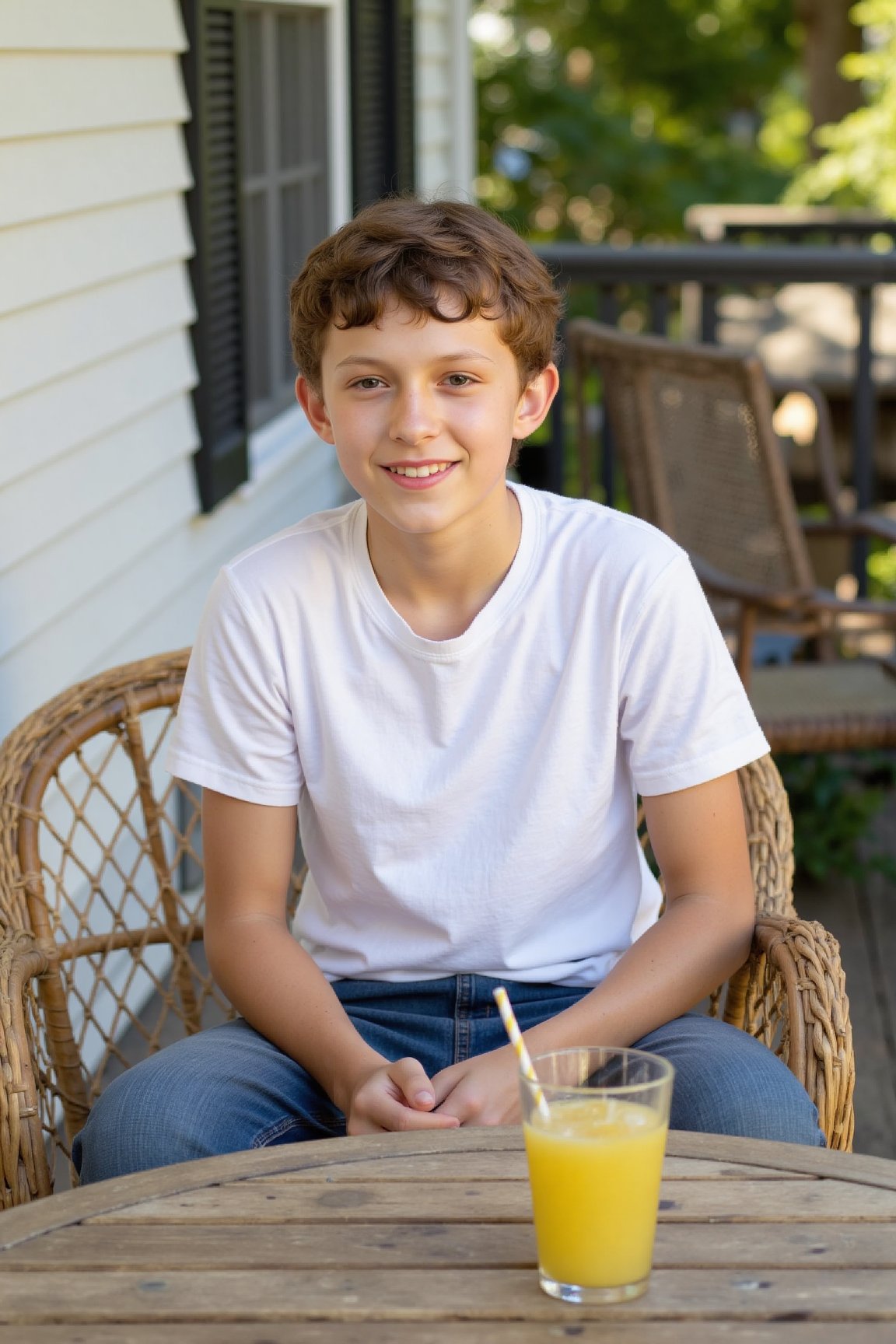 one skinny 16 year old boy,the boy is sitting in a rattan chair on a outdoor porch, summerm sunshine,lemonade,the boy iswearing jeans and a white tshirt