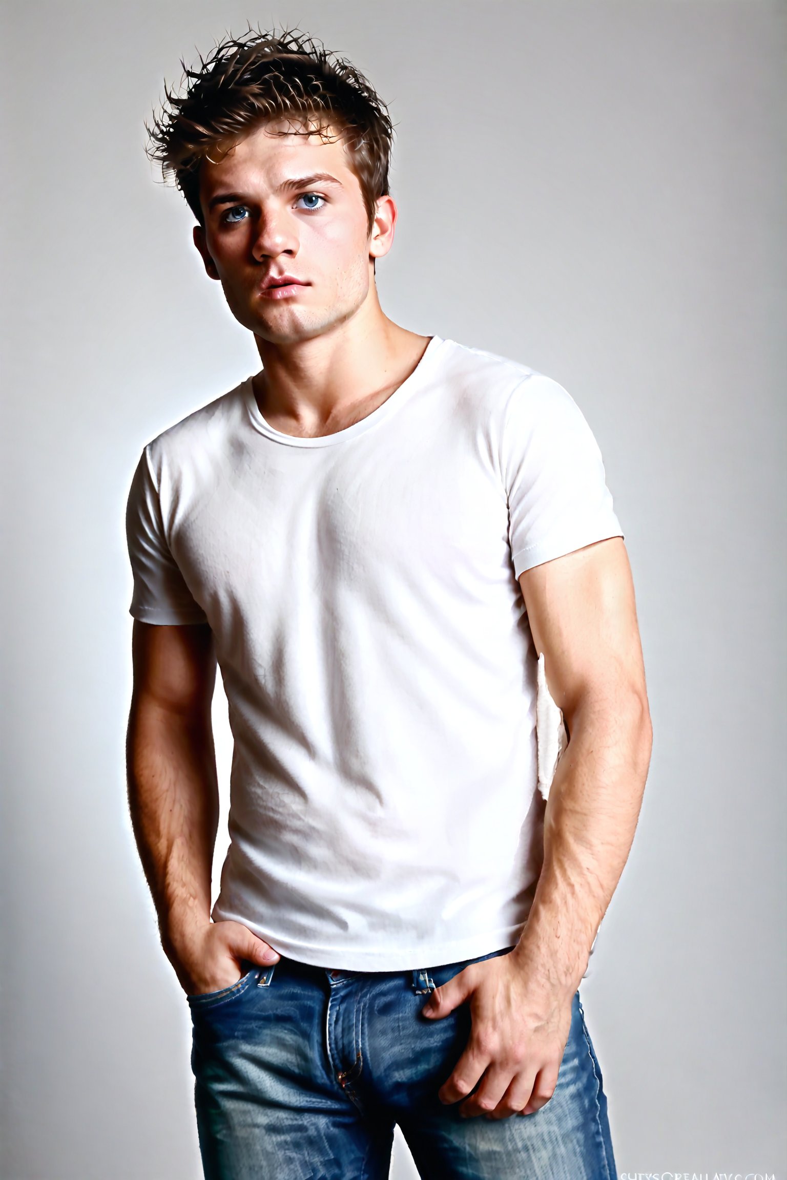 photorealistic one hairy man wearing a white t-shirt and jeans, portrait type