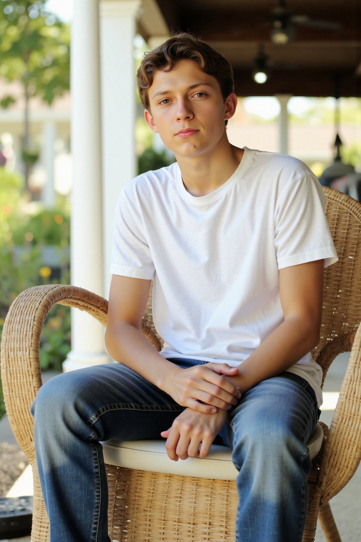 one skinny 16 year old boy,the boy is sitting in a rattan chair on a outdoor porch, summerm sunshine,lemonade,the boy iswearing jeans and a white tshirt