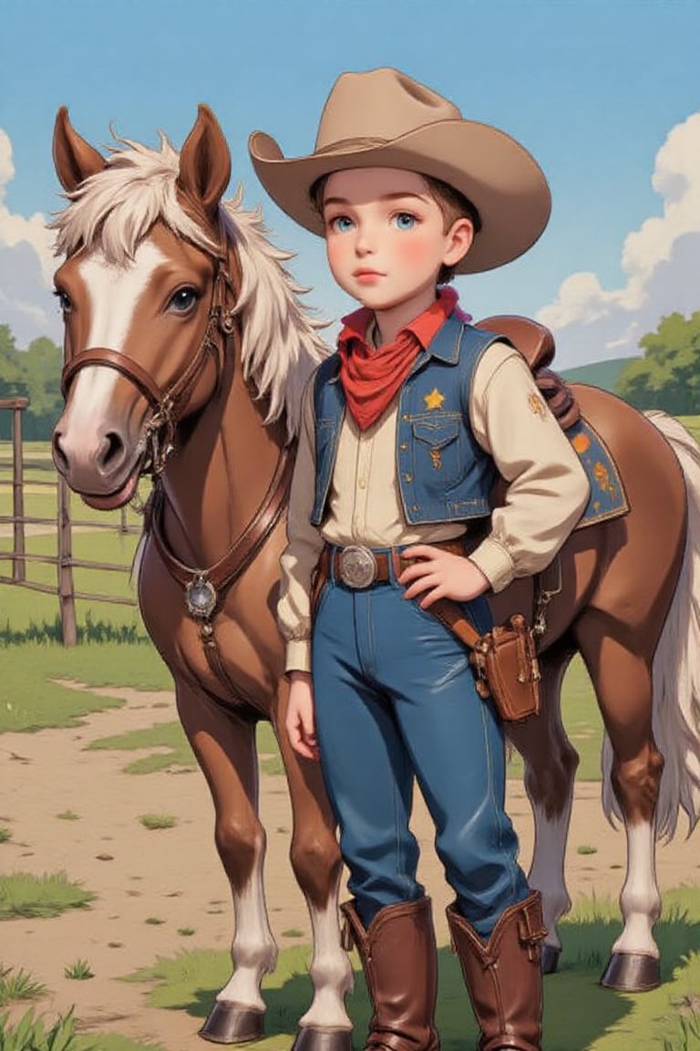 cute 10 year old boy,  the boy is dressed as a cowboy,  the boy is standing next toa pony by FantasiMen on Tensor.Art