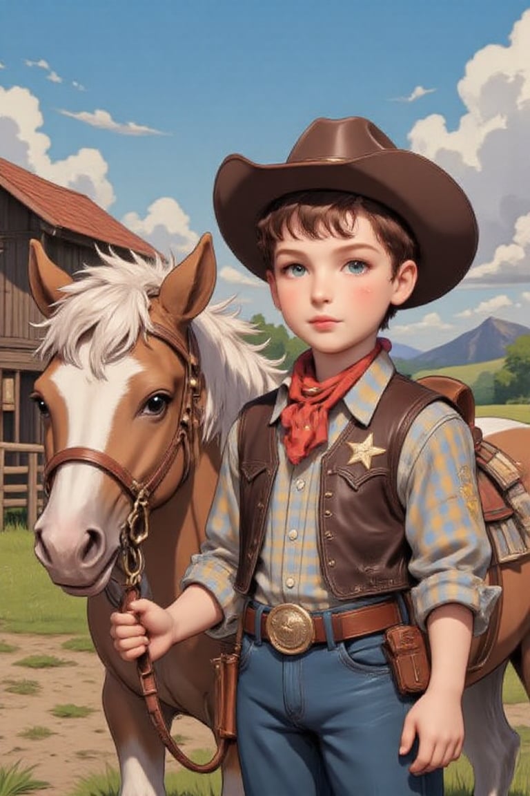 cute 10 year old boy,  the boy is dressed as a cowboy,  the boy is standing next toa pony by FantasiMen on Tensor.Art