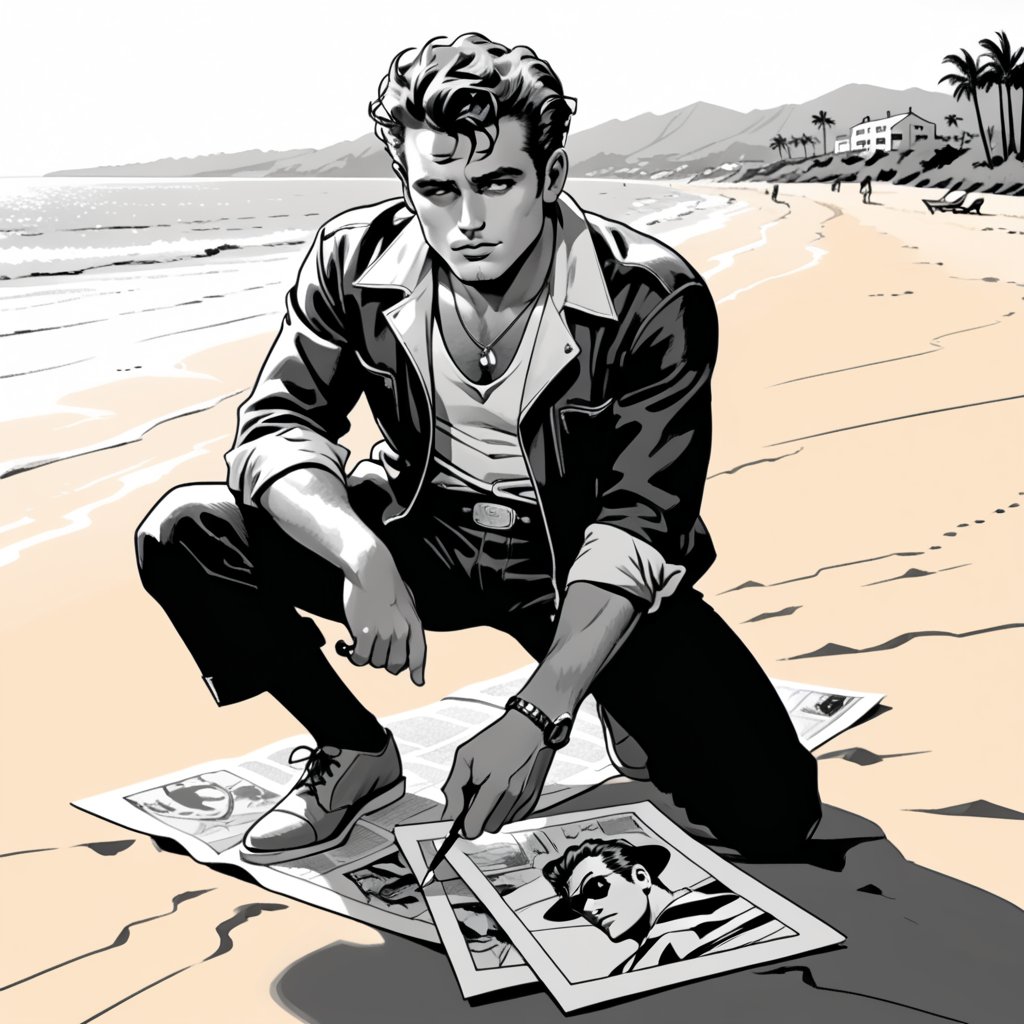 , (((ink drawing))), (((monochrome))),(((cartoon style))), high quality, 4k,masterpiece, (((in the style of alex raymond drawing ))),(((drawing comics style))),
(((high contrast))), (((line drawing))),one man on a beach, the man look like james dean,