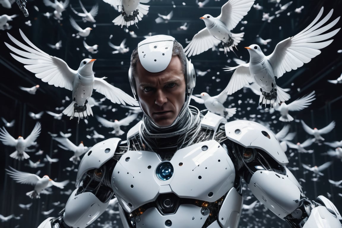 masterpiece,high definition,ultra realistic,portrait,one photorealistic large swarm of tiny metal holographic robot birds attack a (((muscular))) man in a white spacesuit,bondage,chains,horror,future,sci fi,