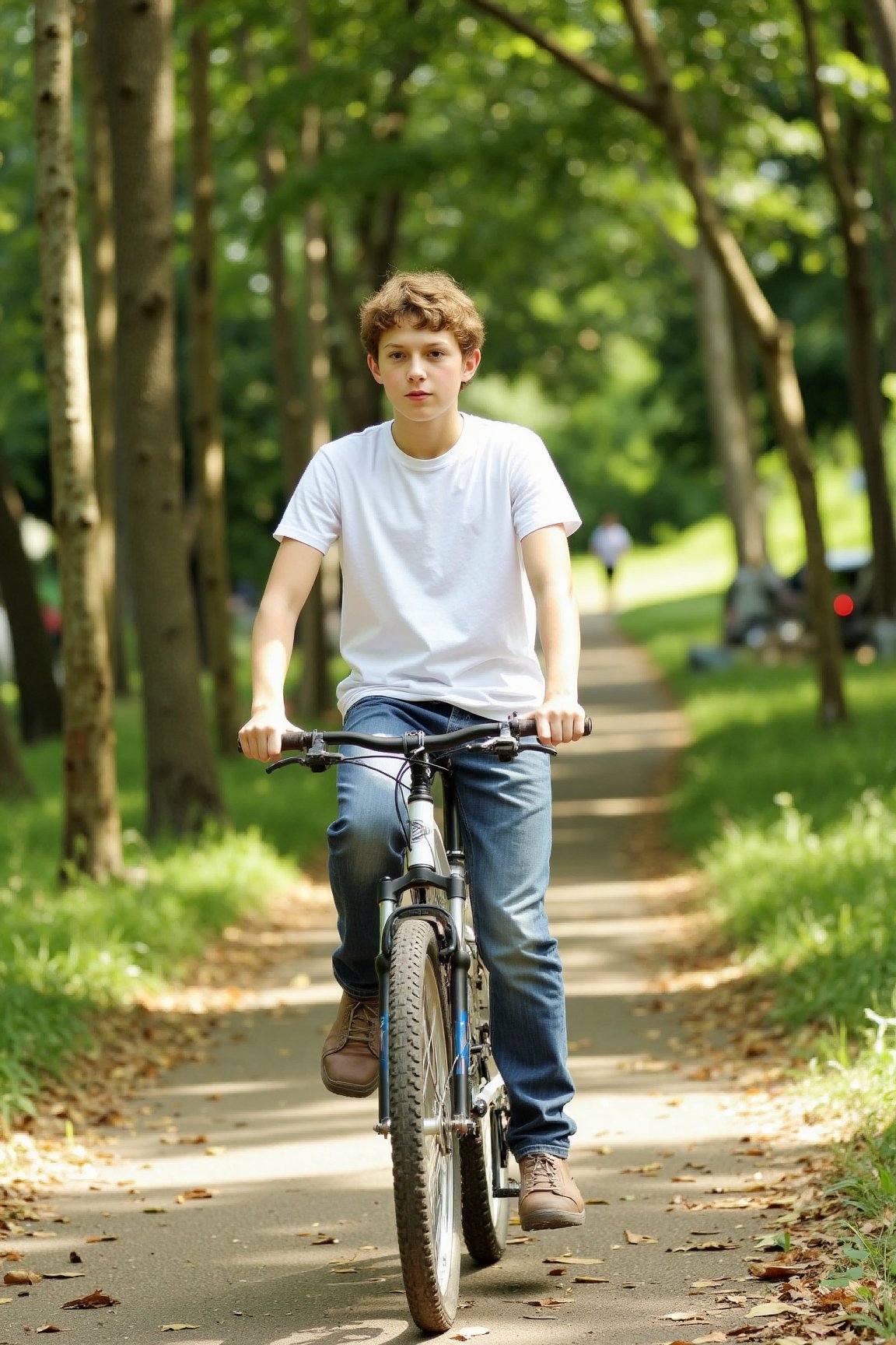 one skinny 16 year old boy,the boy is cycling in a forest, summer, sunshine,the boy is wearing jeans and a white tshirt