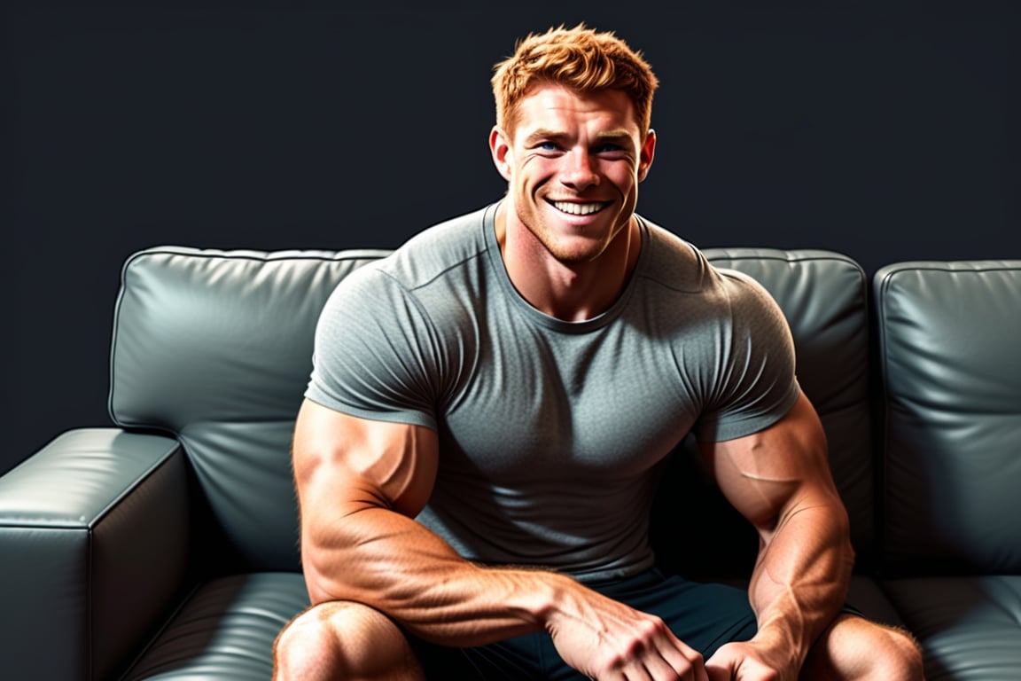 (disney cartoon  style) ,(ixar cartoon style), one hairy muscular handsome man pose,man has blue eyes,short ginger hair, man is wearing a grey t-shirt, man is sitting on a sofa,closed smile, closed mouth,younger,(((((simple dark background))))),