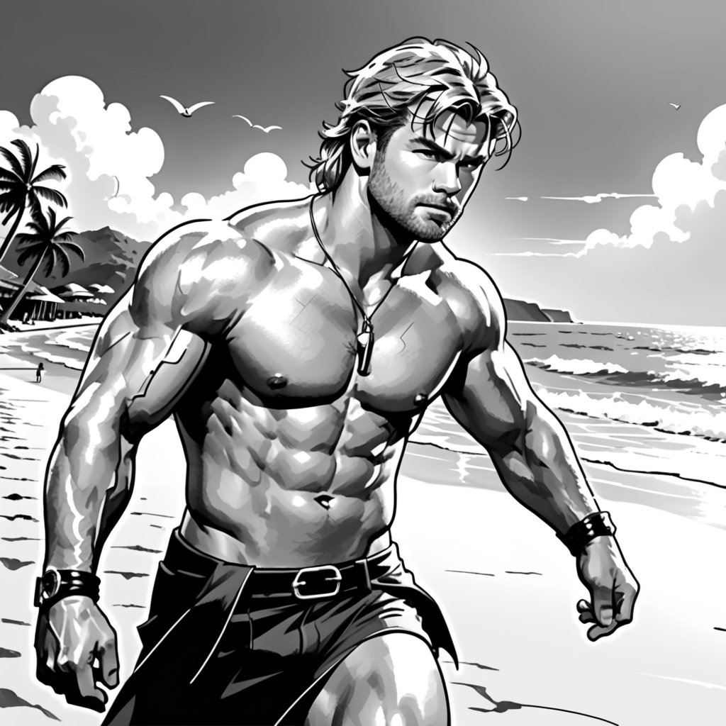 , (((ink drawing))), (((monochrome))),(((cartoon style))), high quality, 4k,masterpiece, (((in the style of alex raymond drawing ))),(((drawing comics style))),
(((high contrast))), (((line drawing))),one man on a beach, the man look like chris hemsworth,