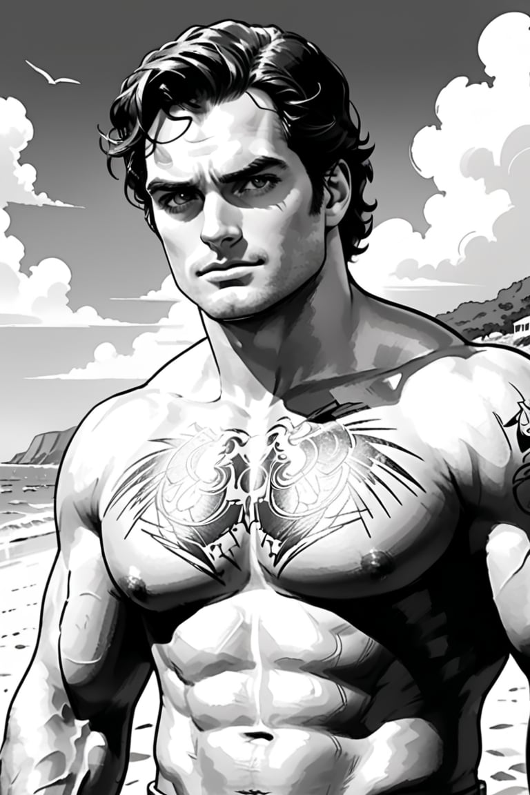 , (((ink drawing))), (((monochrome))),(((cartoon style))), high quality, 4k,masterpiece, (((in the style of alex raymond drawing ))),(((drawing comics style))),
(((high contrast))), (((line drawing))),one man on a beach, the man look like henry cavill,