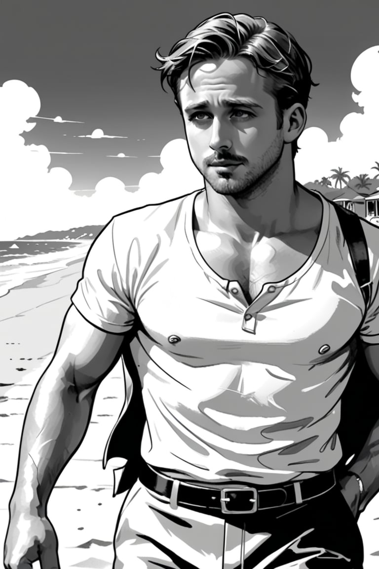 , (((ink drawing))), (((monochrome))),(((cartoon style))), high quality, 4k,masterpiece, (((in the style of alex raymond drawing ))),(((drawing comics style))),
(((high contrast))), (((line drawing))),one man on a beach, the man look like Ryan Gosling,