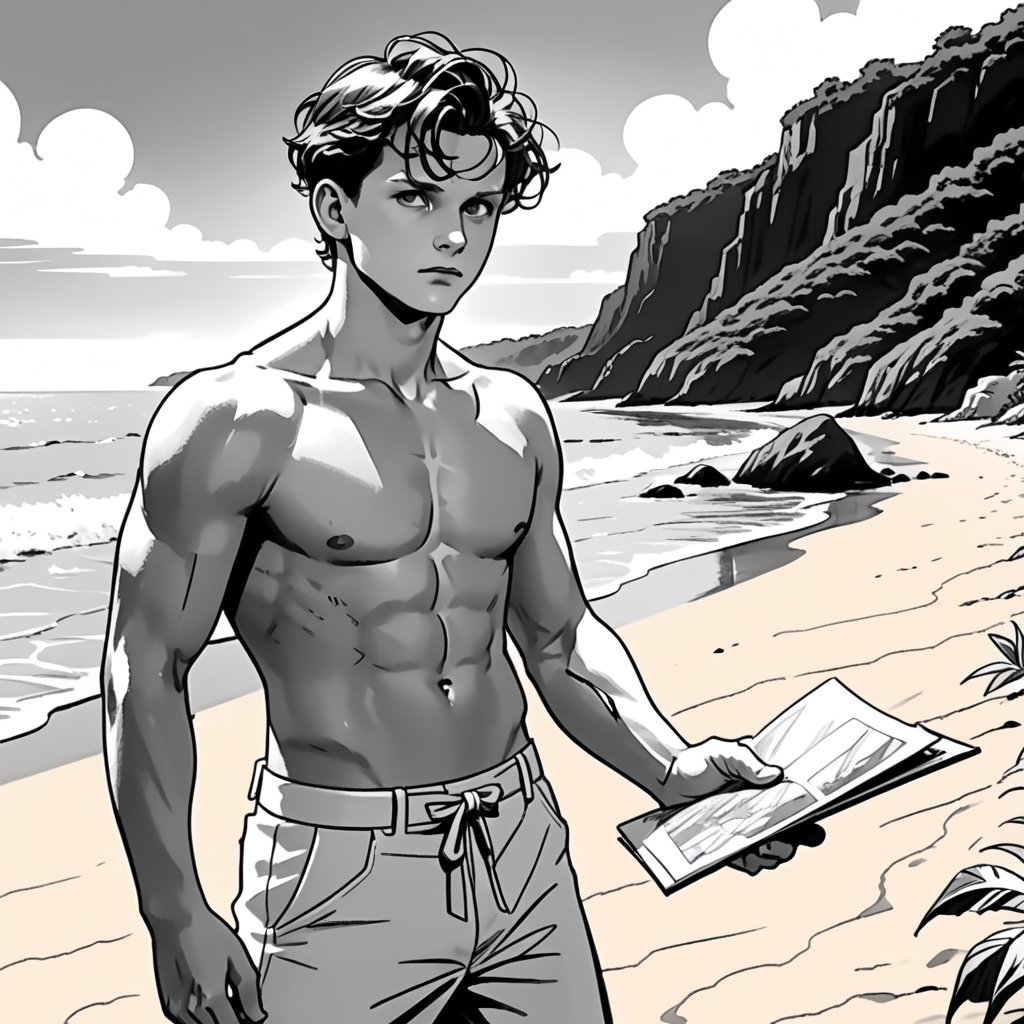 , (((ink drawing))), (((monochrome))),(((cartoon style))), high quality, 4k,masterpiece, (((in the style of alex raymond drawing ))),(((drawing comics style))),
(((high contrast))), (((line drawing))),one man on a beach, the man look like tom holland,