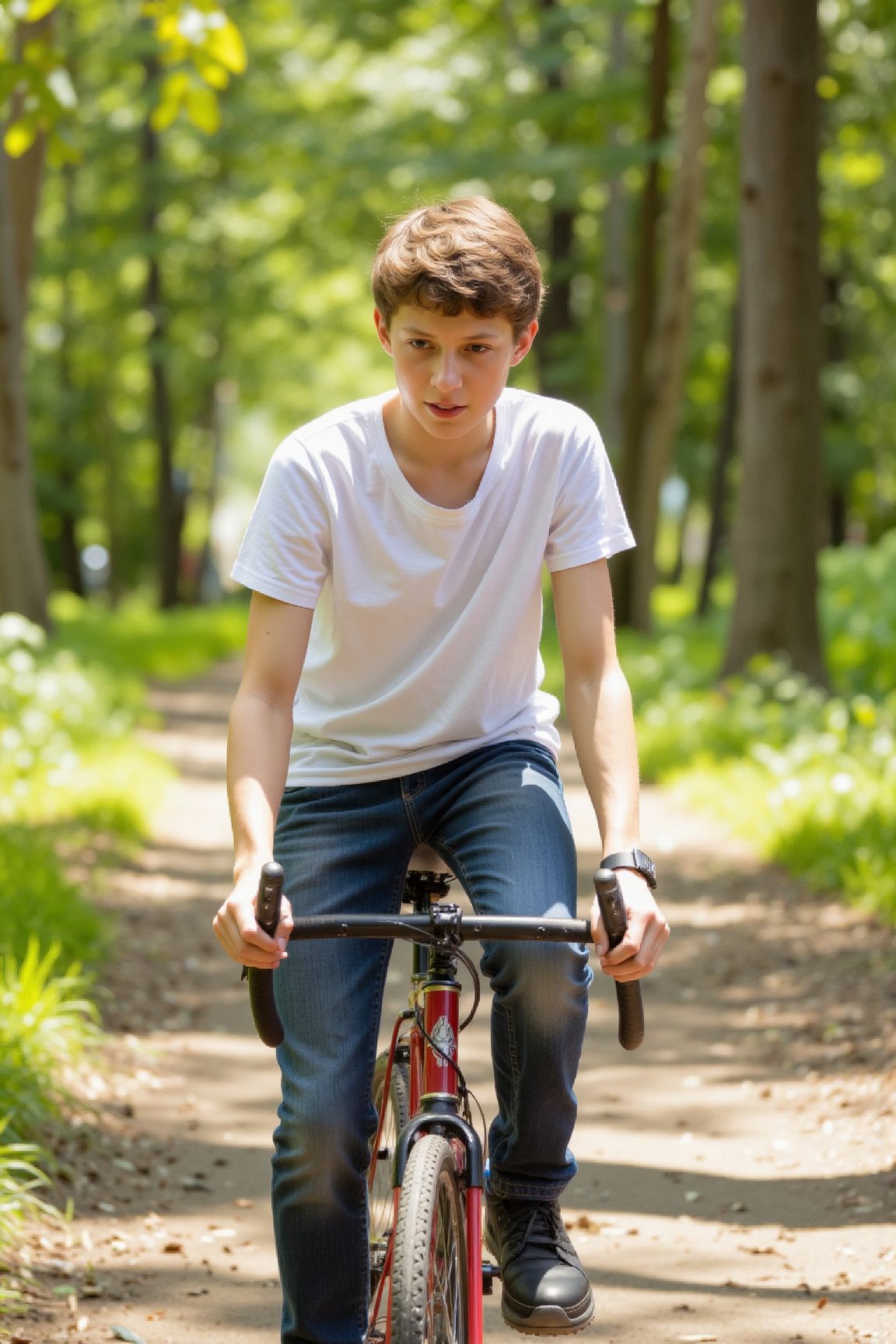 one skinny 16 year old boy,the boy is cycling in a forest, summer, sunshine,the boy is wearing jeans and a white tshirt