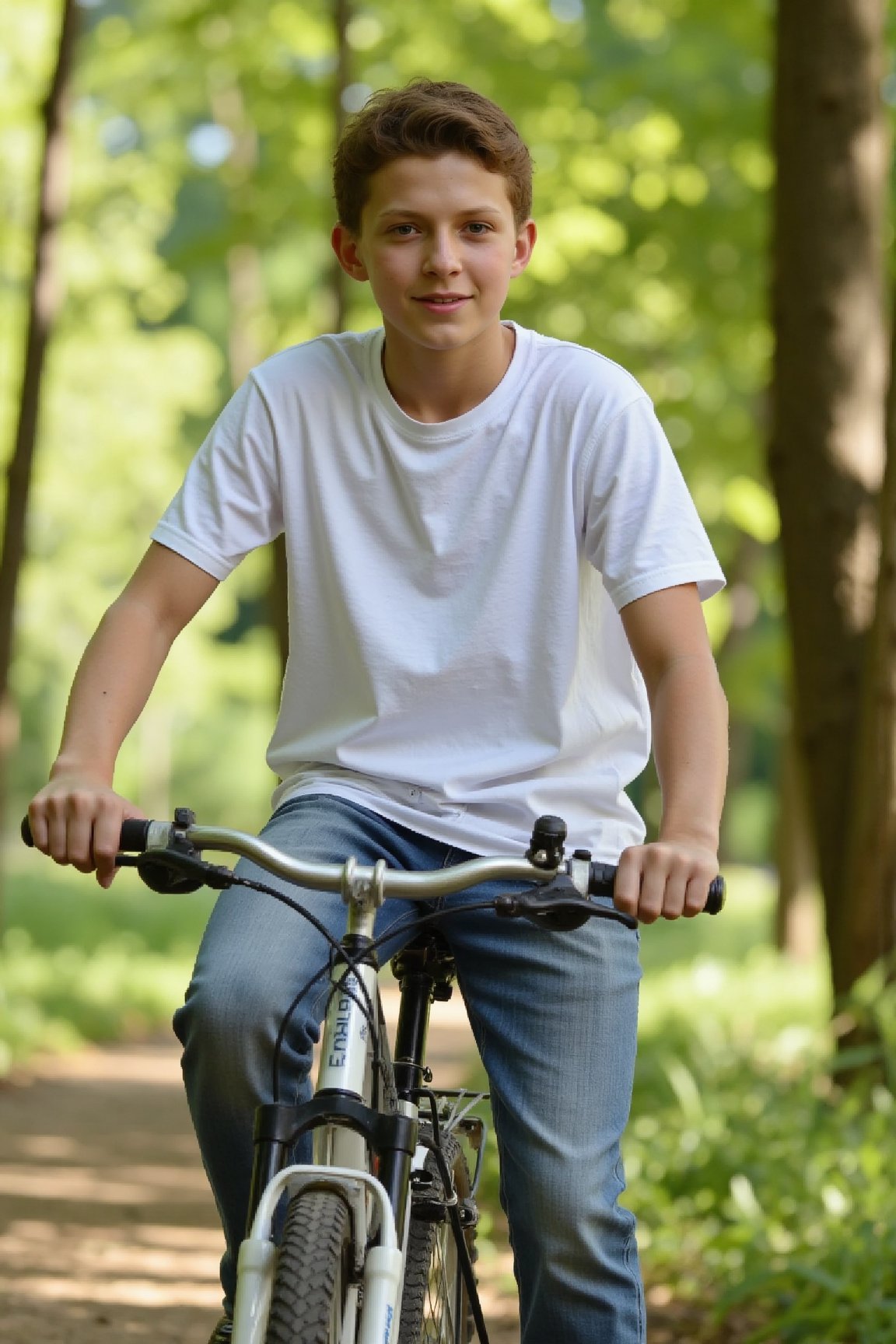 one skinny 16 year old boy,the boy is cycling in a forest, summer, sunshine,the boy is wearing jeans and a white tshirt