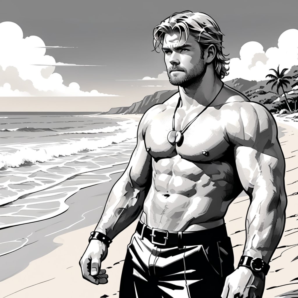 , (((ink drawing))), (((monochrome))),(((cartoon style))), high quality, 4k,masterpiece, (((in the style of alex raymond drawing ))),(((drawing comics style))),
(((high contrast))), (((line drawing))),one man on a beach, the man look like chris hemsworth,