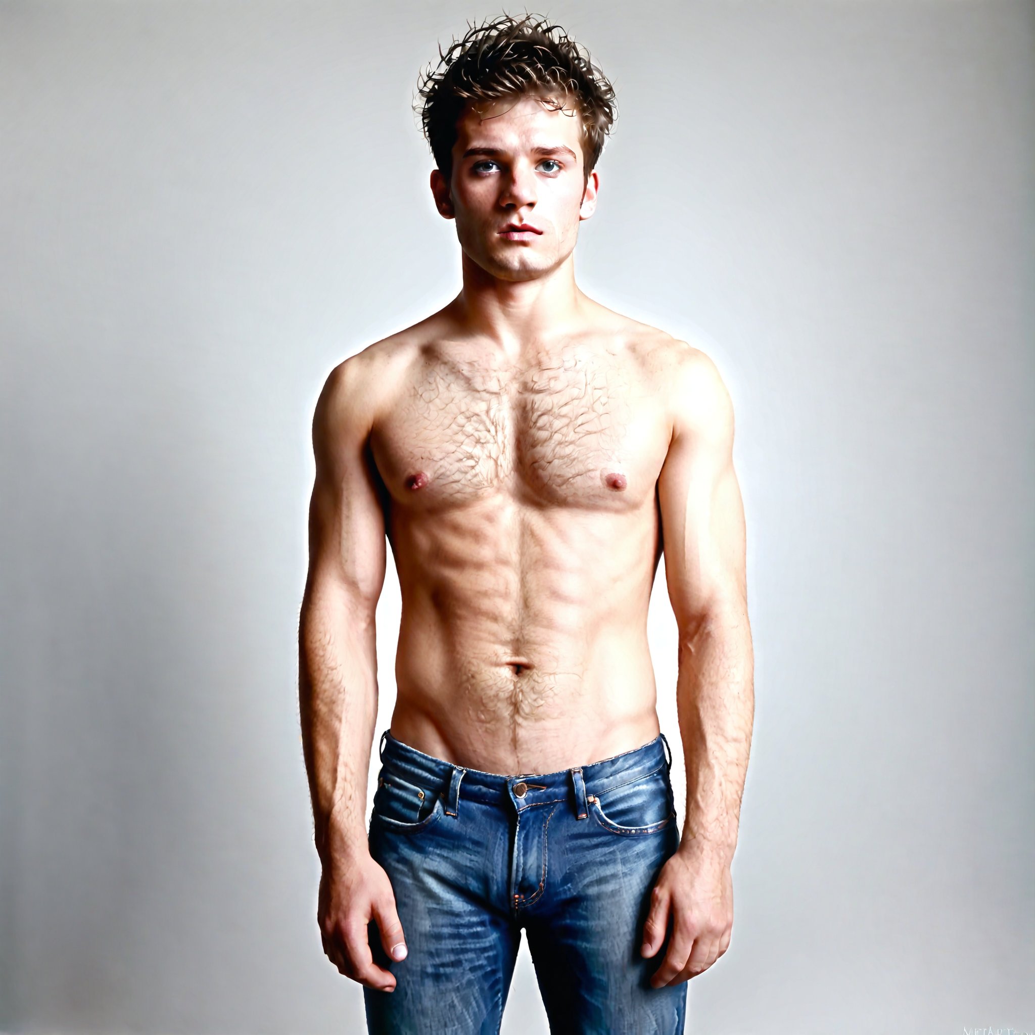 photorealistic one hairy man wearing a white t-shirt and jeans, portrait type