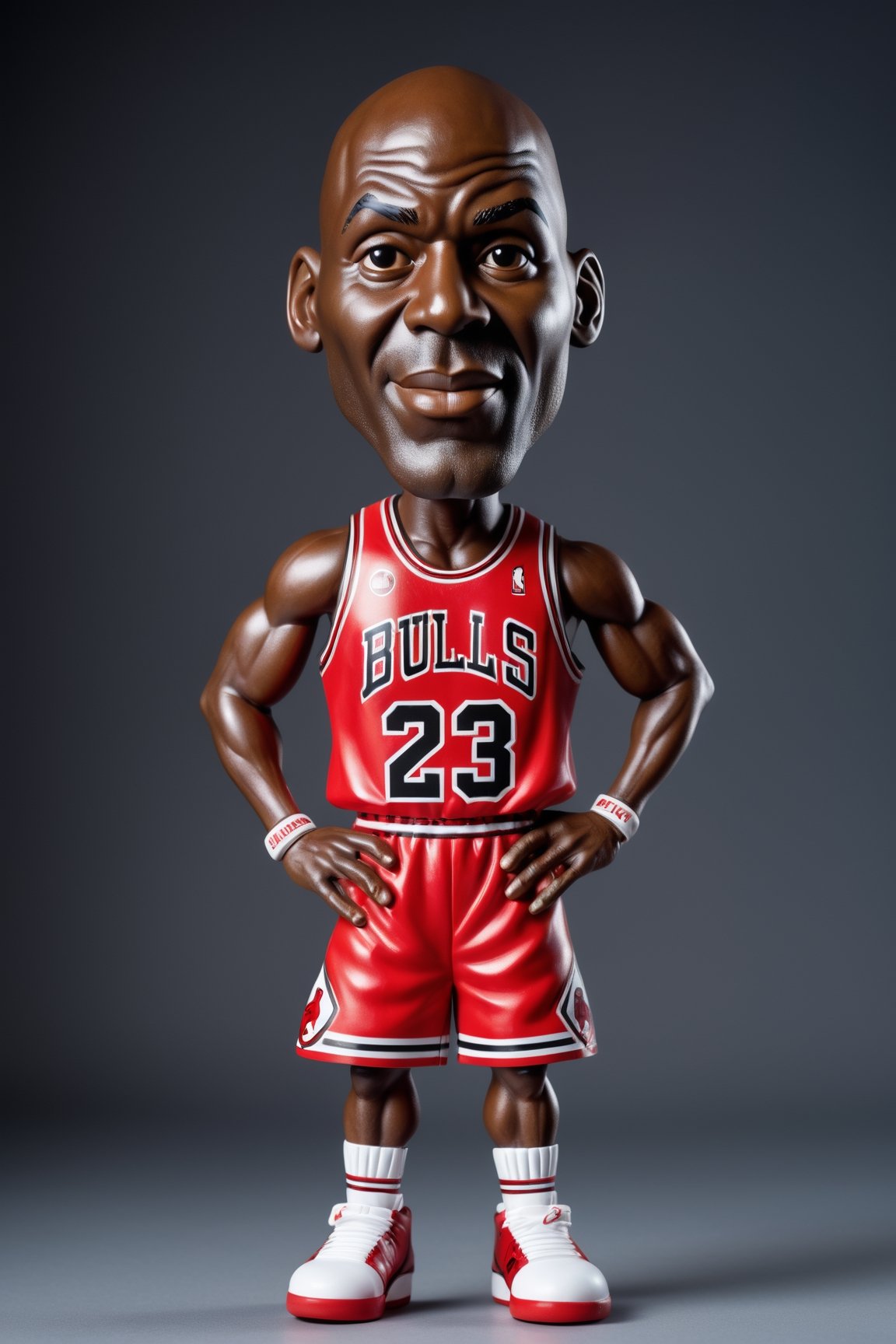 masterpiece,  Comic caricature illustration، Michael Jordan wearing Bulls uniform,  Exaggerated features with oversized he...