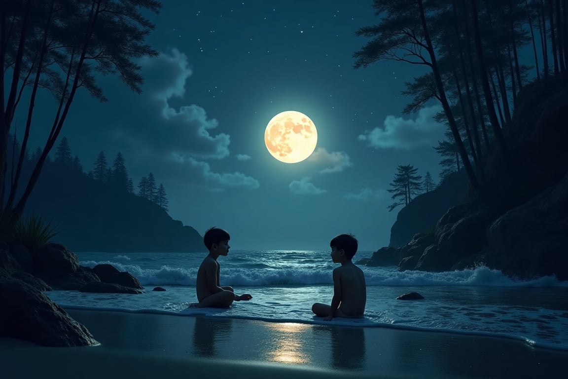 (((LITTLD KIDS))), 1BOY, 7 YEARS OLD, PLAYING AT BEACH, IN DEEP FOREST, MOON NIGHT
