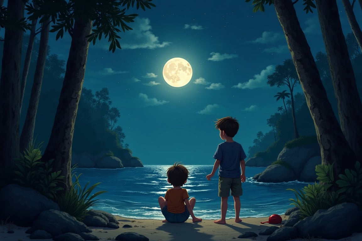 (((LITTLD KIDS))), 1BOY, 7 YEARS OLD, PLAYING AT BEACH, IN DEEP FOREST, MOON NIGHT
