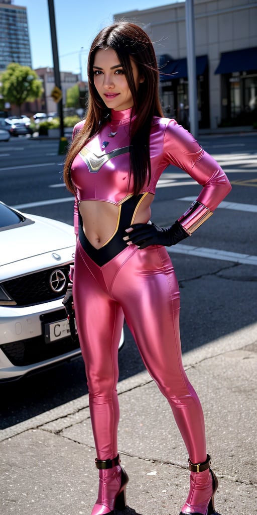 A stunning young woman, reminiscent of Maite Perroni, stands confidently in a vibrant pink Power Ranger costume, the tight-fitting suit accentuating her toned physique. The bright pink hue illuminates her face, highlighting her bright smile and sparkling eyes. She poses heroically, one hand resting on her hip, the other grasping a sleek, silver prop sword. A cityscape or futuristic background subtly blends into the frame, emphasizing her superhuman stance.,power ranger