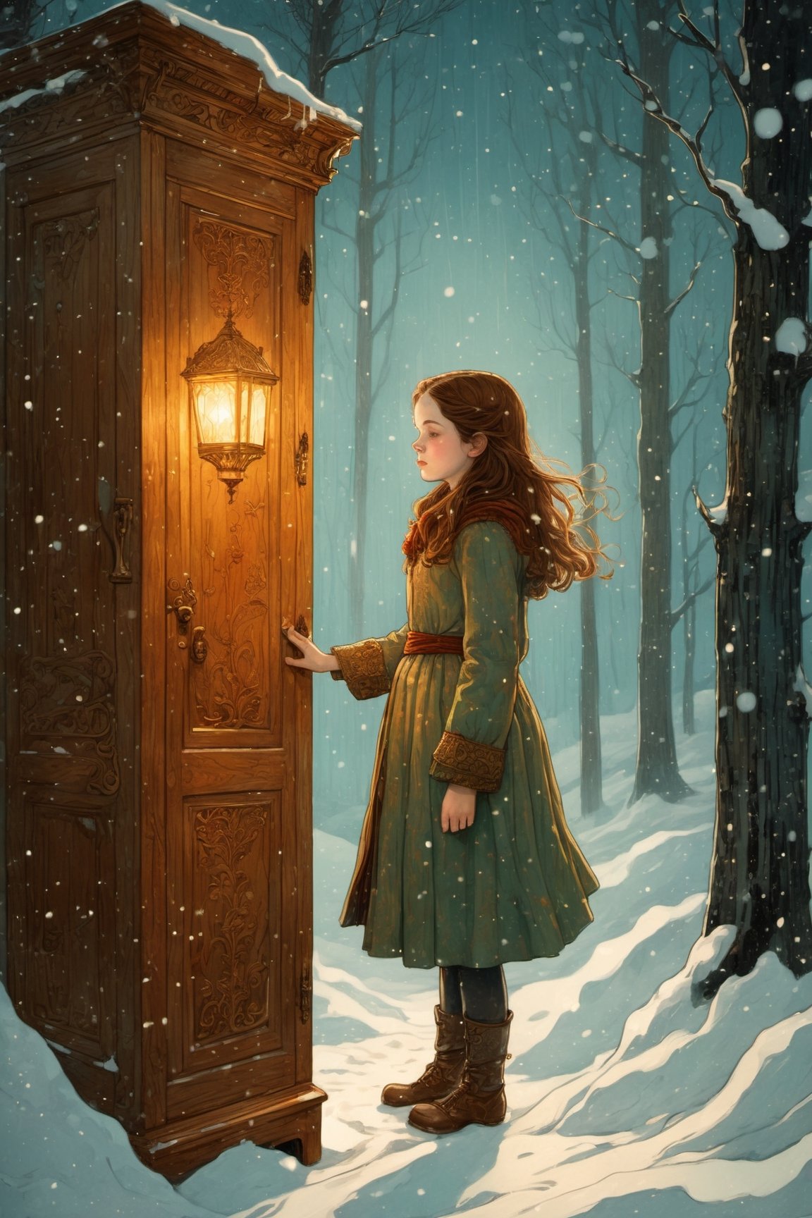 Lucy Pevensie from Narnia is getting out of an wooden Wardrobe and facing a cold snow storm, she looks to a single pole with a lamp lonely, by Victo Ngai, Sam Guay, Abigail Larson, intricate composition, delicate colors, artsation contest winner, masterpiece