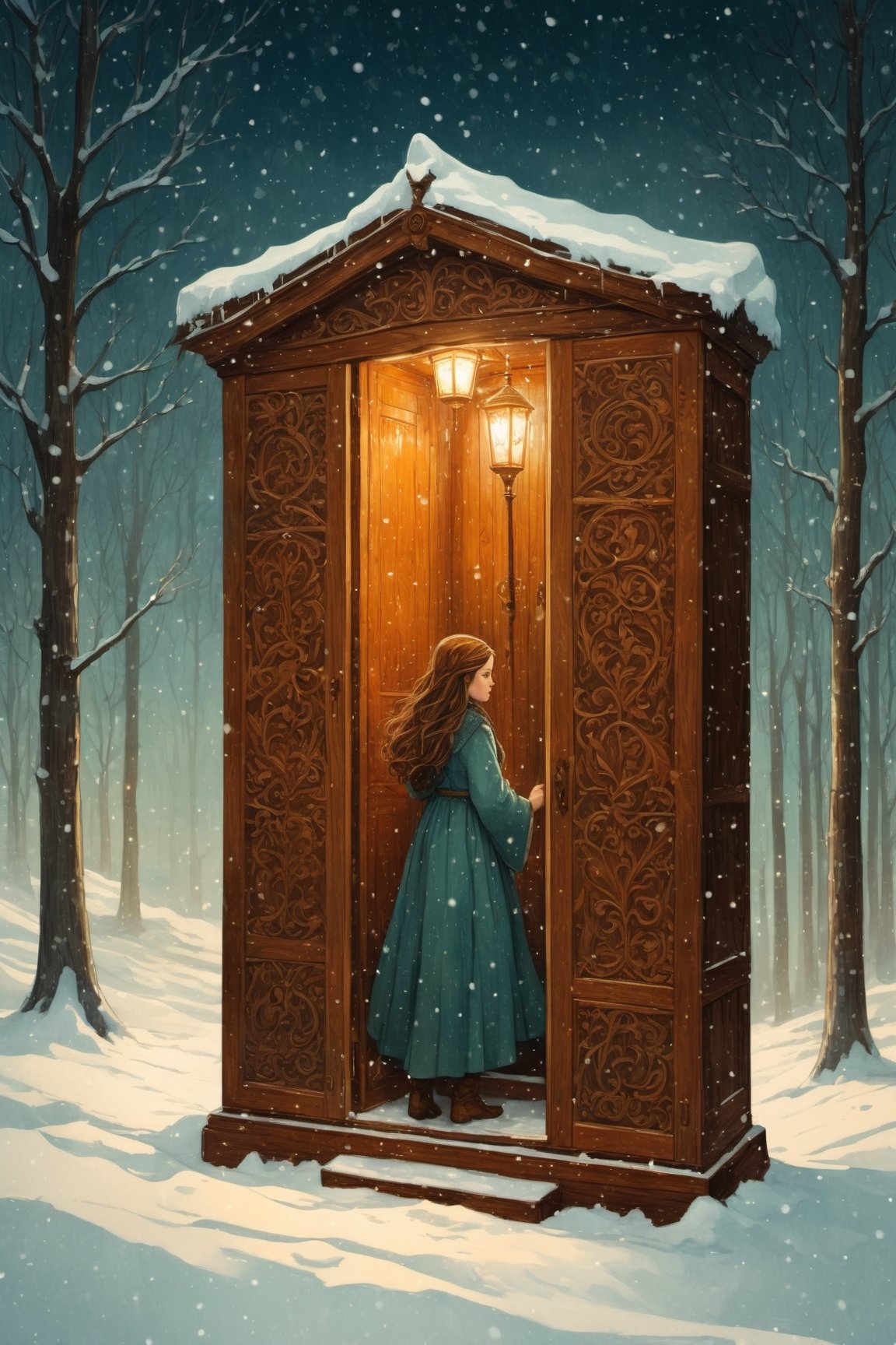 Lucy Pevensie from Narnia is getting out of an wooden Wardrobe and facing a cold snow storm, she looks to a single pole with a lamp lonely in the snow, far from the wardobre, by Victo Ngai, Sam Guay, Abigail Larson, intricate composition, delicate colors, artsation contest winner, masterpiece