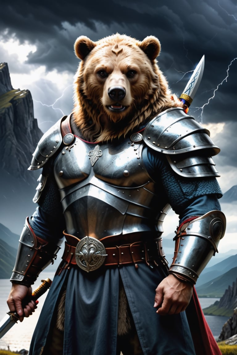 close up, of an bear viking, armored, mountains, holding one sword. dark and stormy sky, lightning flashing in distance.
(awesome, (((masterpiece))), (((best quality))), ((ultra detailed)), (illustration)), more detail XL